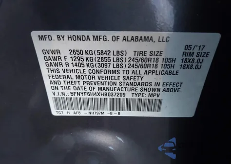 2017 Honda Pilot Ex from USA, damaged, VIN 5FNYF6H4XHB037209